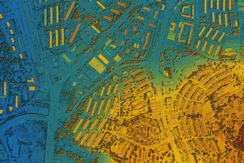 Map of urban city area with colored geospatial data for GIS usage.